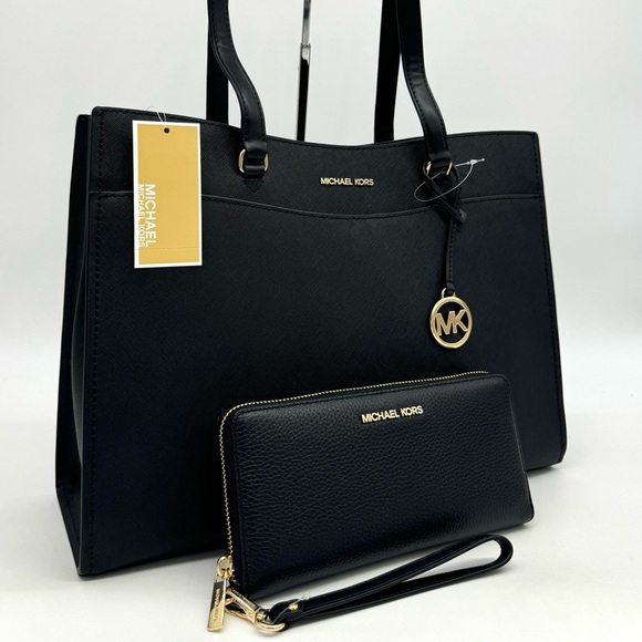 Michael Kors Large MF Pocket Shoulder Tote Bag & Continental Wallet Black/Gold - Picture 3 of 15